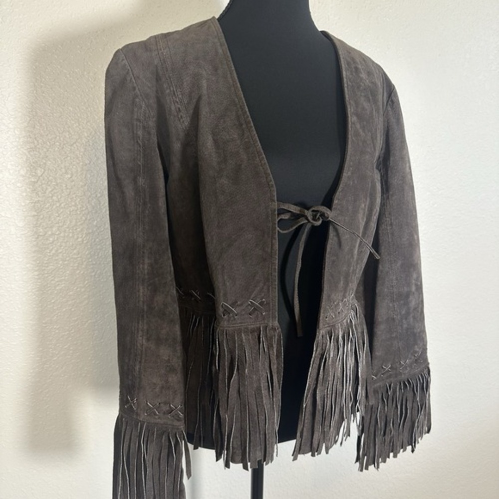 VTG Rampage Suede Fringed Jacket Women`s Size M Brown Front Tie Western Boho